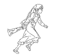 a black and white drawing of a girl running with a sword in her hand .