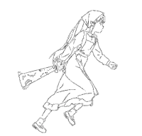a black and white drawing of a girl running with a sword in her hand .