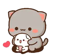 a cartoon cat is holding a small white animal in its arms .