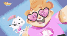 a cartoon of a girl wearing heart shaped sunglasses and a dalmatian dog
