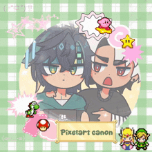 a pixelart canon sticker with a couple of anime characters