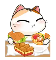 a cat is eating a hamburger and a pizza