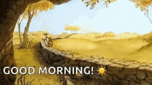 a cartoon scene with the words `` good morning '' written on it