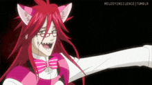 a cartoon character with red hair and cat ears is wearing glasses and a bow tie .