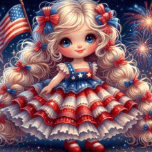 a little girl in an american flag dress holds an american flag