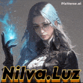 a painting of a woman with blue hair and the name niiva.luz on the bottom