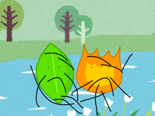 a cartoon drawing of a leaf and a fire