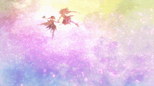 two anime characters are flying through a purple and pink sky