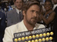 a man in a white shirt is holding a sign that says even he was weirded tf out
