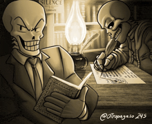 a drawing of two skeletons sitting at a table with a sign that says silence