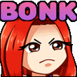 a pixel art illustration of a girl with red hair and the words bonk written above her .
