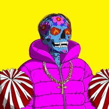 a cartoon of a skeleton wearing a pink jacket and cheerleader pom poms