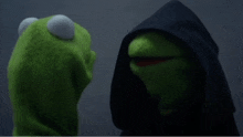 kermit the frog is wearing a black hood while standing next to another kermit the frog puppet .