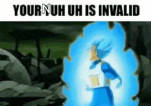 a cartoon character is standing in a cave with a blue aura coming out of his body .