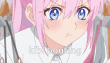 a close up of a pink haired anime girl with the words kibi pouting written on the bottom