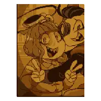 a pixel art of a man and a girl giving a peace sign