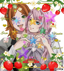 a couple of anime girls making a heart with their hands surrounded by strawberries and flowers with erin written on the bottom