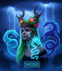 a painting of a woman with dragons and the word wo33 on the bottom right