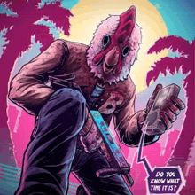 a man with a chicken mask on his head is holding a gun and a cell phone .