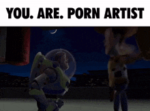 buzz lightyear from toy story is standing next to woody at night