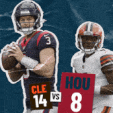 two football players are standing next to each other and one has the number 14 on his jersey