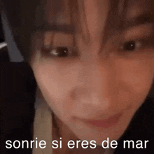 a close up of a person 's face with the words sonrie si eres de mar written below it .
