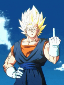 a cartoon character giving the middle finger with a blue sky behind him