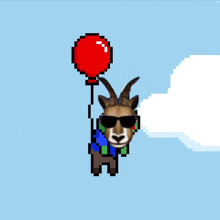 a pixel art of a goat wearing sunglasses and holding a red balloon