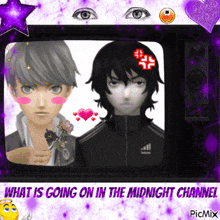a picture of two anime characters with the words what is going on in the midnight channel at the bottom