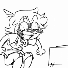 a black and white drawing of a cartoon character with a shocked look on his face .