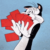 a cartoon cat is holding a pile of red cards in his hands .