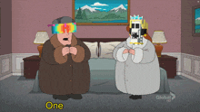 two cartoon characters standing next to each other with one saying one on the bottom