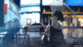 a girl is sitting under an umbrella with a car in the background and the url yumemes.org