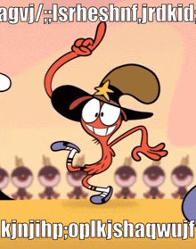 a cartoon character with a cowboy hat is dancing in front of a crowd