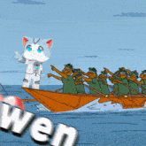 a cartoon of a cat in a space suit pointing at a group of people in a boat that says " wen "