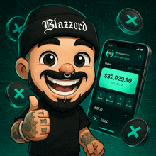 a cartoon of a man wearing a beanie that says blazzard on it