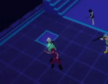 a pixelated image of a person holding a sword in a dark room