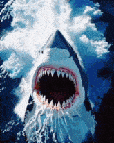 a shark with its mouth open splashing water in the ocean