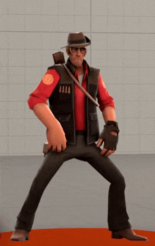 a man in a cowboy hat and vest has a red t on his shirt