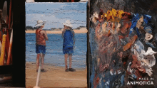 a painting of two people standing on a beach is made in animatica