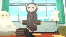 a girl with a sheep head on her head