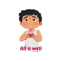 a cartoon boy making a heart with his hands and the words all is well