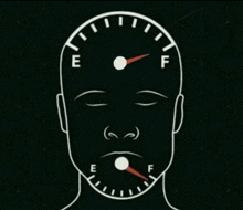 a drawing of a man 's face with a gauge that says e and f