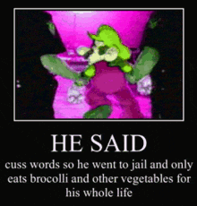 a poster that says he said buss words so he went to jail and only eats brocolli and other vegetables for his whole life