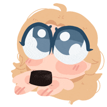 a cartoon drawing of a person with big eyes holding a piece of food