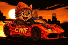 a cat wearing a beanie is driving a car that says cwif