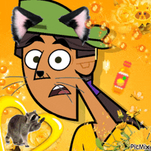 a picture of a cartoon character with a raccoon and a bottle of juice