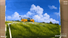 a painting of a yellow van on top of a grassy hill is made by wow art