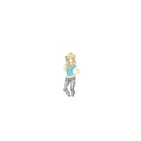 a pixel art drawing of a girl in a blue shirt and grey jeans