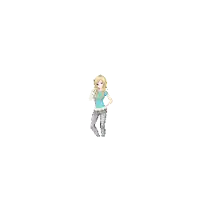 a pixel art drawing of a girl in a blue shirt and grey jeans